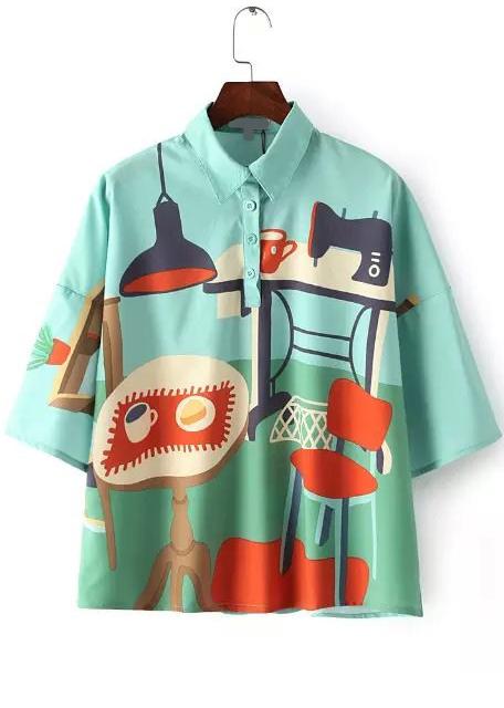 Romwe Lapel With Buttons Cartoon Print Blouse