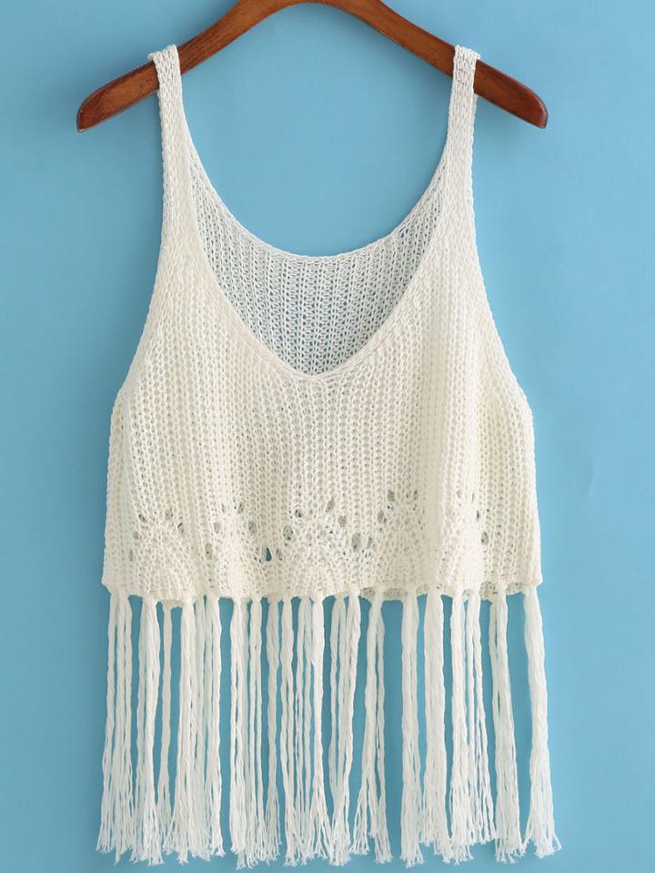Romwe Spaghetti Strap Tassel Knit White Cami Top