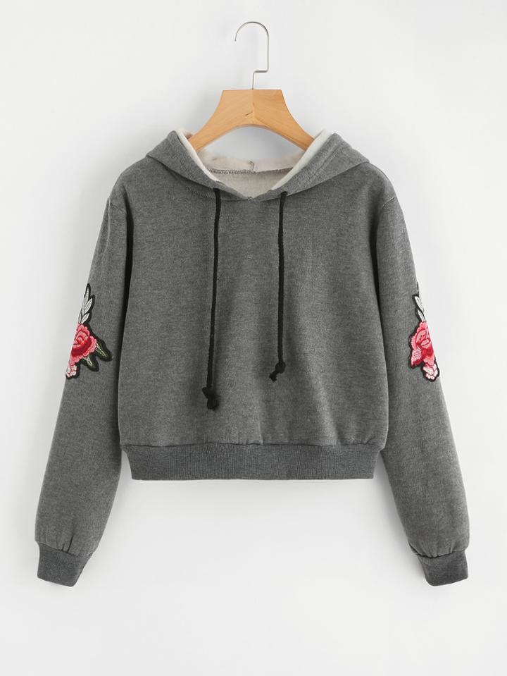 Romwe Rose Embroidered Sleeve Crop Sweatshirt