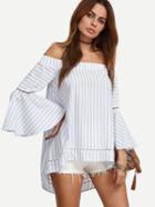 Romwe Blue Striped Off The Shoulder High-low Blouse