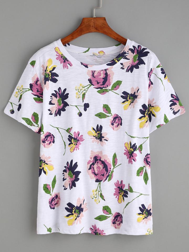 Romwe White Flower Print T-shirt