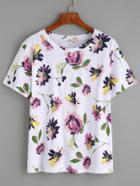 Romwe White Flower Print T-shirt