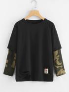 Romwe Contrast Camo Sleeve Ripped Patch Tee