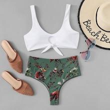 Romwe Random Pattern Knot Top With High Waist Bikini