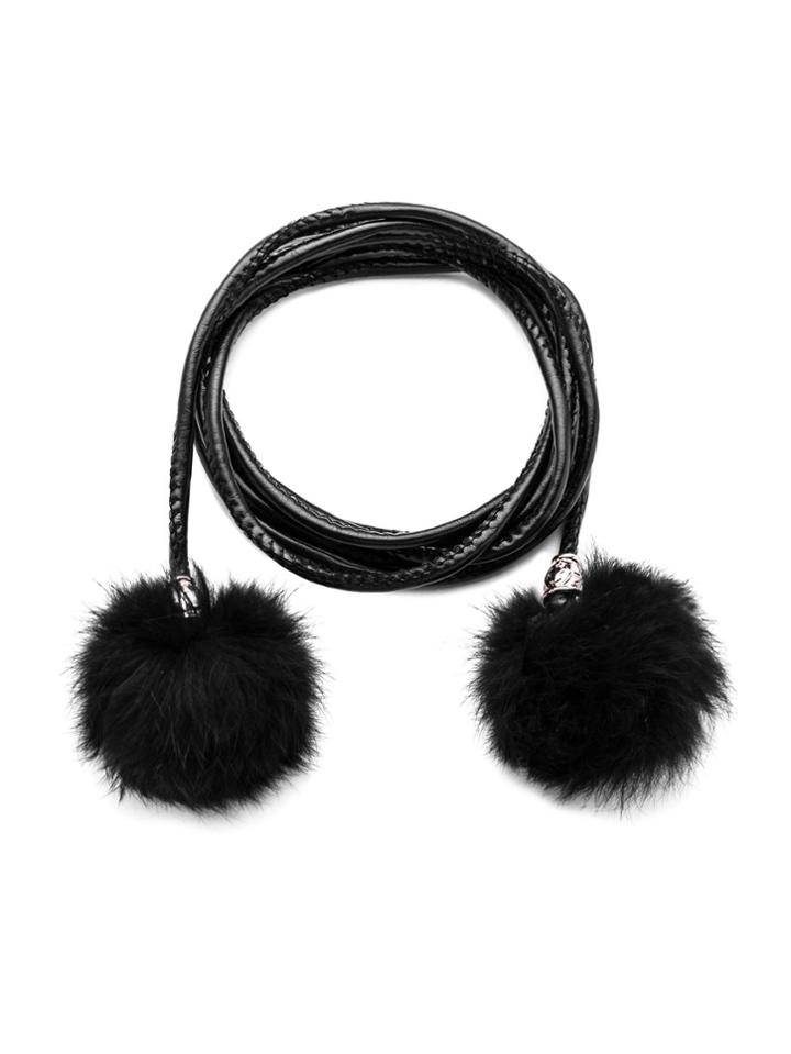 Romwe Black Braided Double Pom Pom Skinny Wrap Belt
