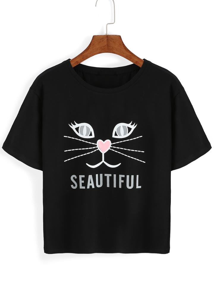 Romwe Cat Print Black T-shirt