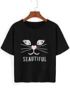 Romwe Cat Print Black T-shirt