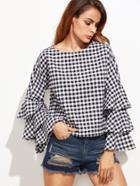 Romwe Black Gingham Layered Sleeve Top