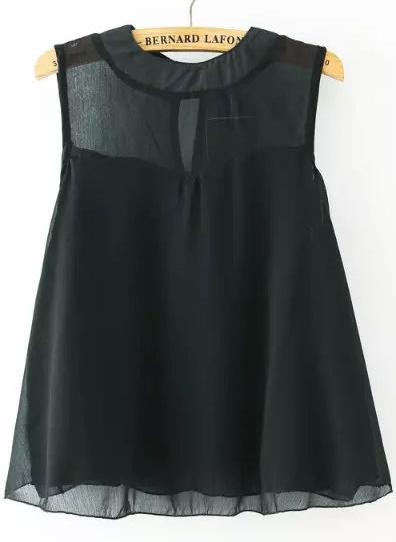 Romwe Black Round Neck Sleeveless Loose Chiffon Blouse