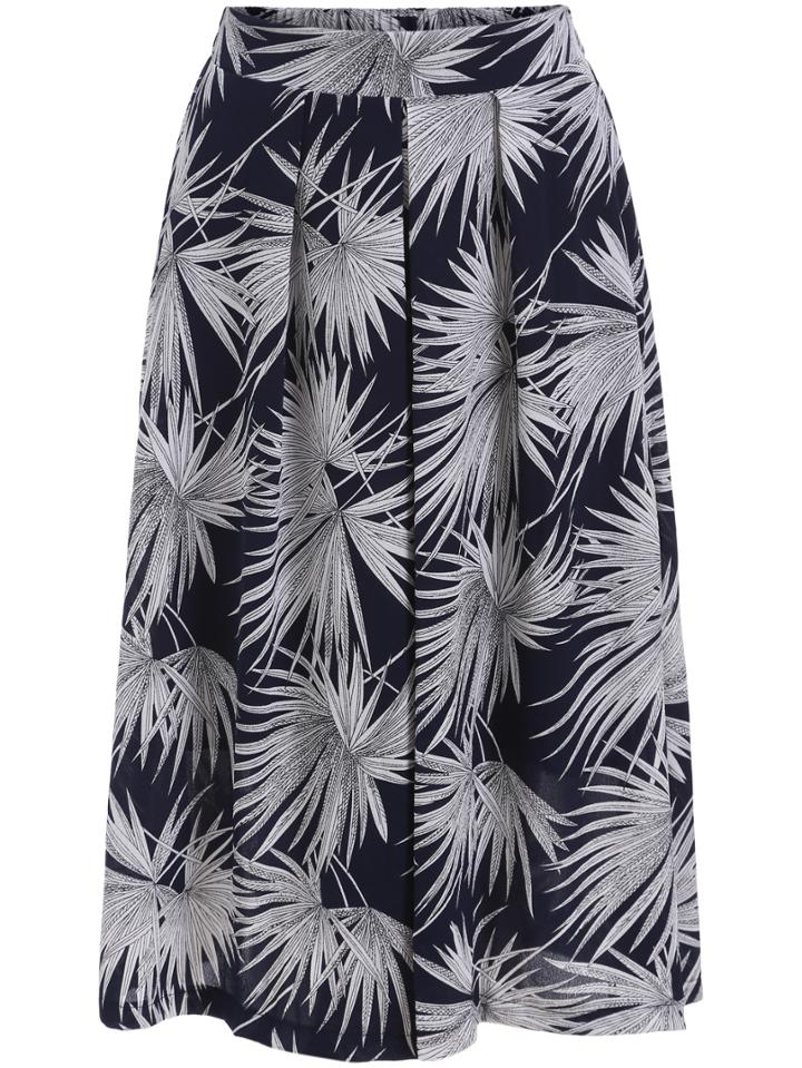 Romwe Elastic Waist Leaves Print Wide Leg Pant