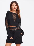 Romwe Mesh Inset Crop Top With Drawstring Shorts
