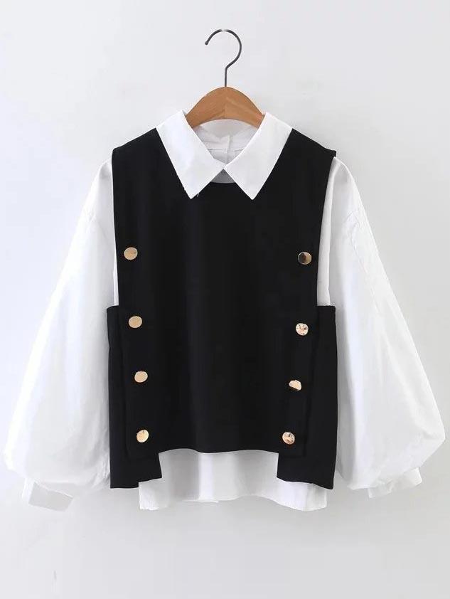 Romwe Color Block Lantern Sleeve 2 In 1 Blouse