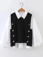 Romwe Color Block Lantern Sleeve 2 In 1 Blouse
