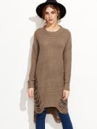 Romwe Khaki Drop Shoulder High Low Distressed Long Sweater