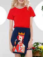 Romwe Red Crew Neck Top With Poker Embroidered Skirt