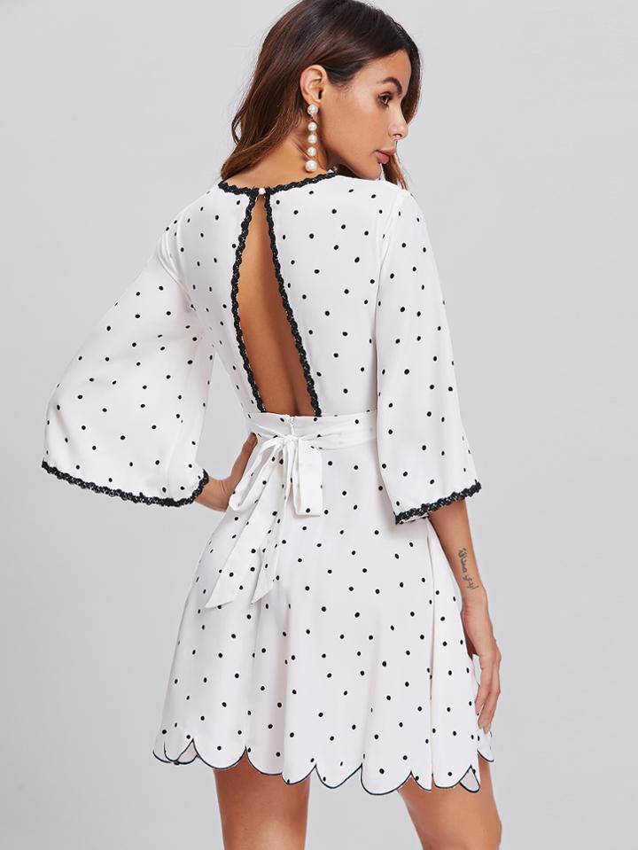 Romwe Bell Sleeve Open Back Scalloped Polka Dot Dress