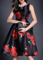 Romwe Round Neck Sleeveless Rose Print Flare Dress