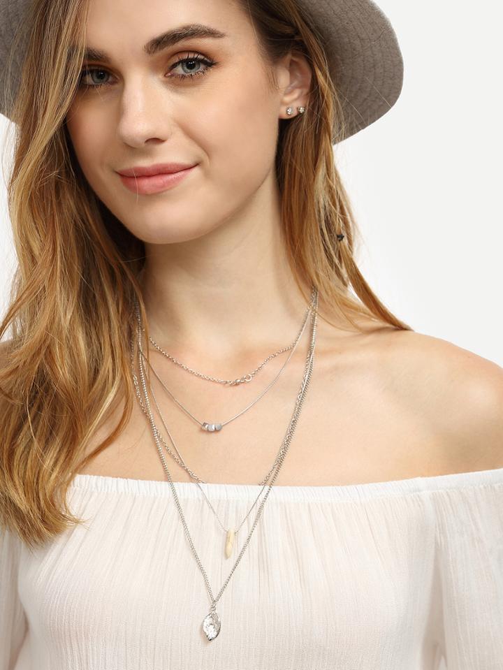 Romwe Silver Multi-layer Bullet Turquoise Pendant Necklace