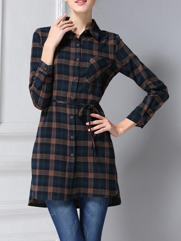 Romwe Plaid High Low Split Shirt Dress With Pocket