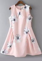 Romwe Flower Print Flare Sun Pink Dress