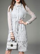 Romwe Grey Lapel Contrast Gauze Drawstring Lace Dress