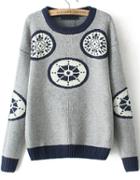 Romwe Wheel Print Loose Grey Sweater