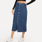 Romwe Slit Front Button Up Denim Skirt