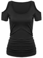 Romwe Open Shoulder Black T-shirt