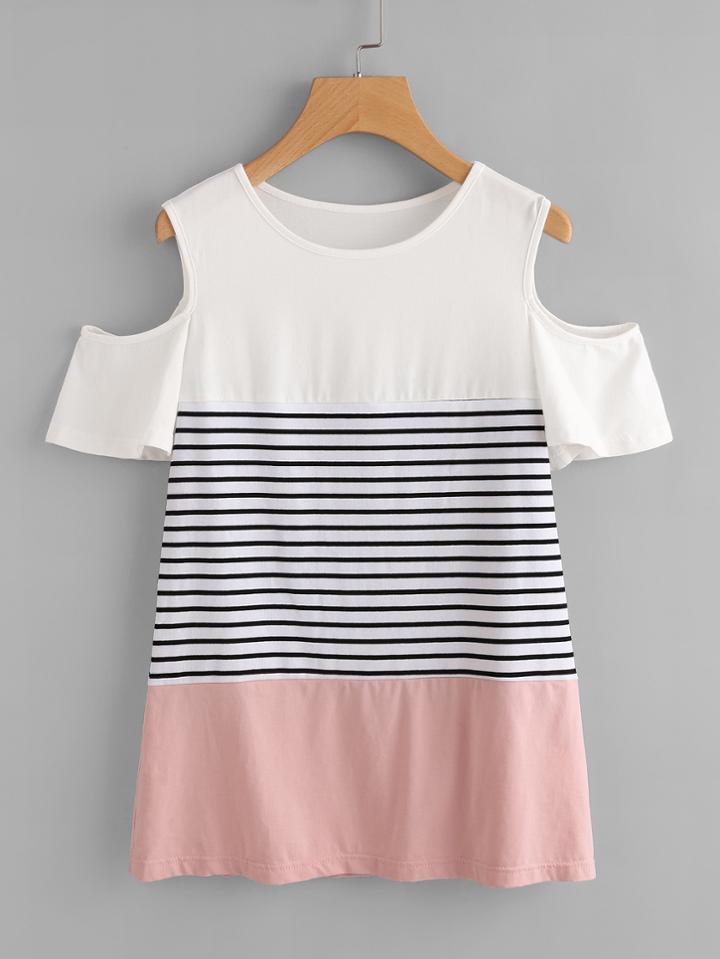 Romwe Open Shoulder Flutter Sleeve Cut And Sew T-shirt