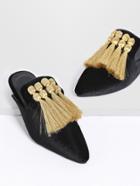 Romwe Black Fringe Detail Point Toe Flat Slippers