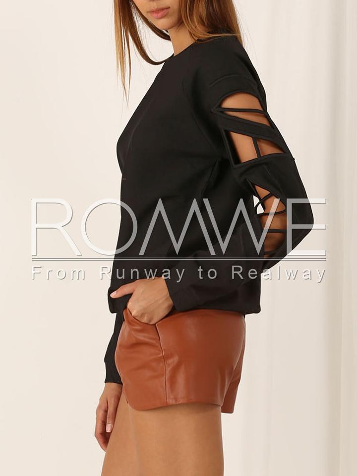 Romwe Black Long Sleeve Hollow Sweatshirt