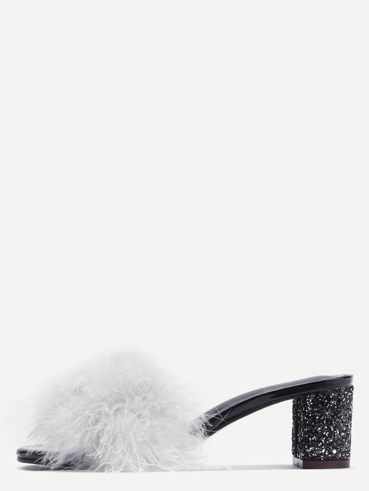 Romwe White Glitter Sequin Feather Mule Heeled Sandals
