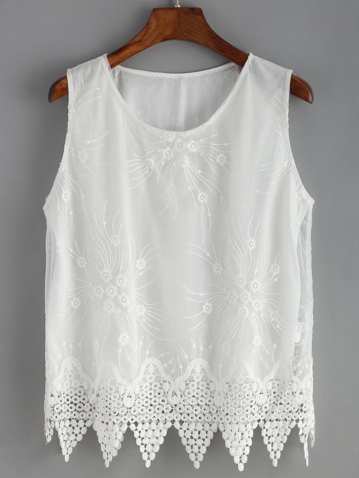Romwe Jacquard Scalloped Hem White Tank Top