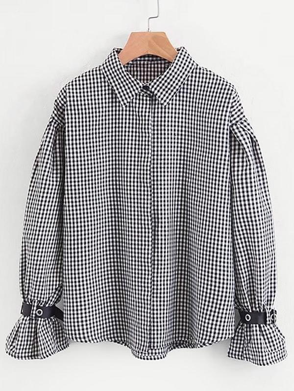 Romwe Fluted Sleeve Gingham Blouse