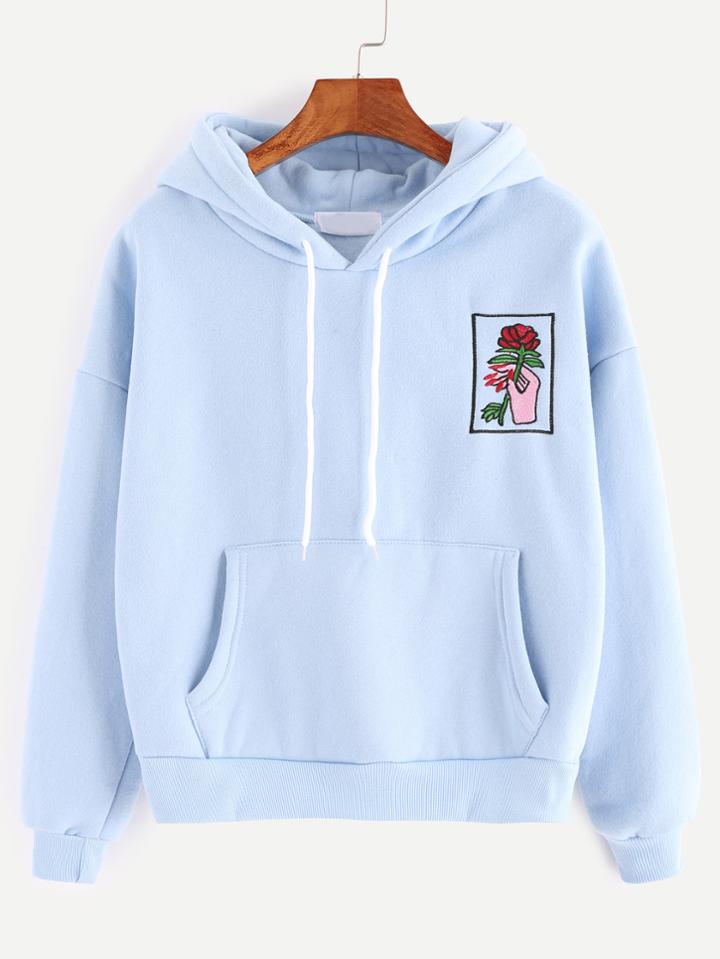 Romwe Sky Blue Drop Shoulder Hand Rose Embroidery Pocket Hoodie