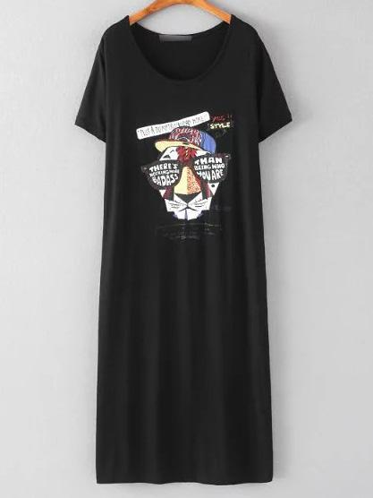 Romwe Black Tiger Printed Midi Dress