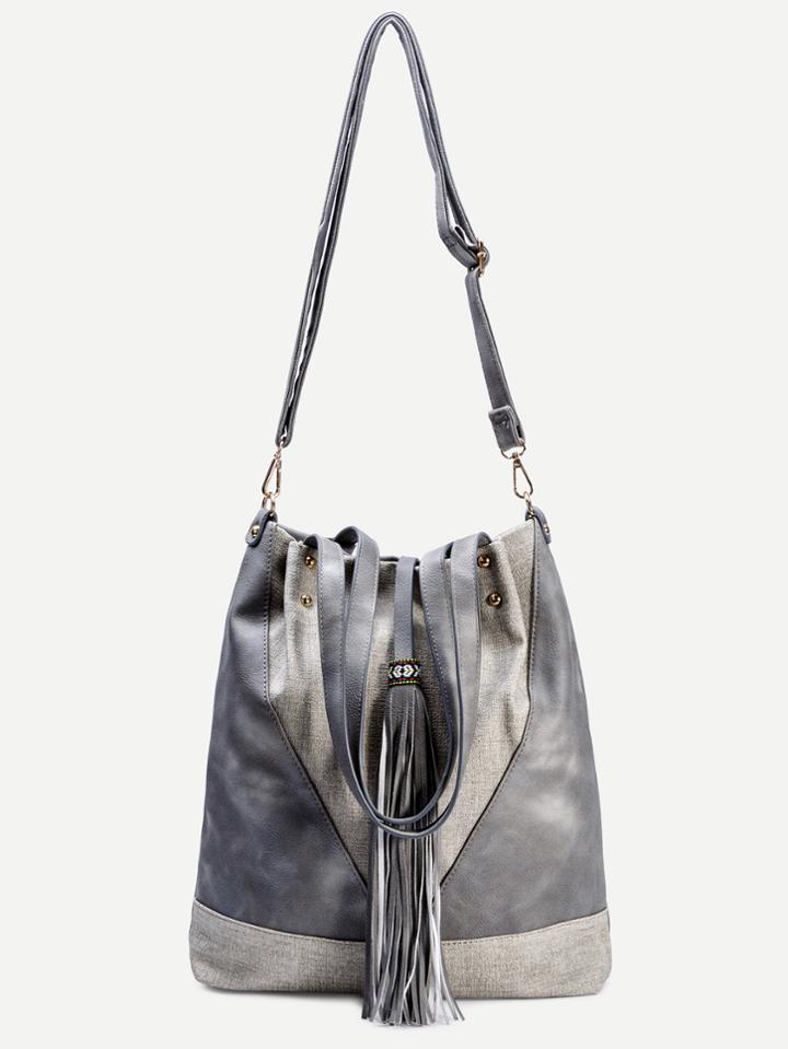 Romwe Grey Faux Leather Tassel Trim Drawstring Bucket Bag