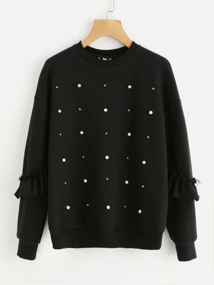 Romwe Pearl And Stud Detail Frilled Sleeve Sweatshirt