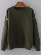 Romwe Army Green Lace Up Detail Round Neck Sweater