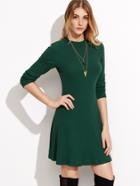 Romwe Green Long Sleeve Ribbed Skater Dress