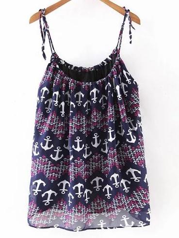 Romwe Multicolor Anchors Print Spaghetti Strap Tank Top