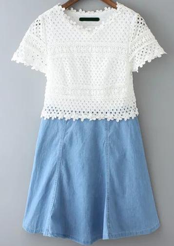 Romwe Color-block Lace Insert Hollow Dress