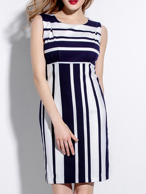 Romwe Navy White Color Block Striped Dress