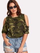 Romwe Open Shoulder Camouflage Top
