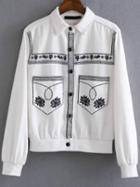 Romwe White Flower Embroidery Button Jacket