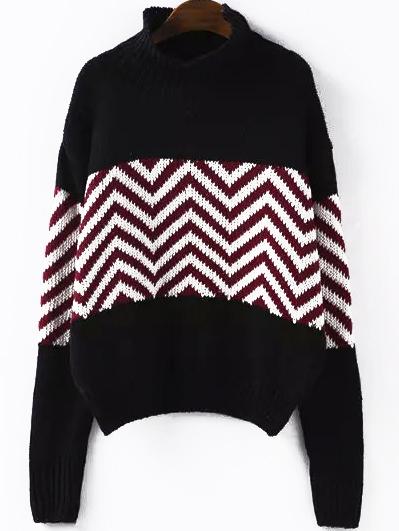 Romwe High Neck Striped Black Sweater