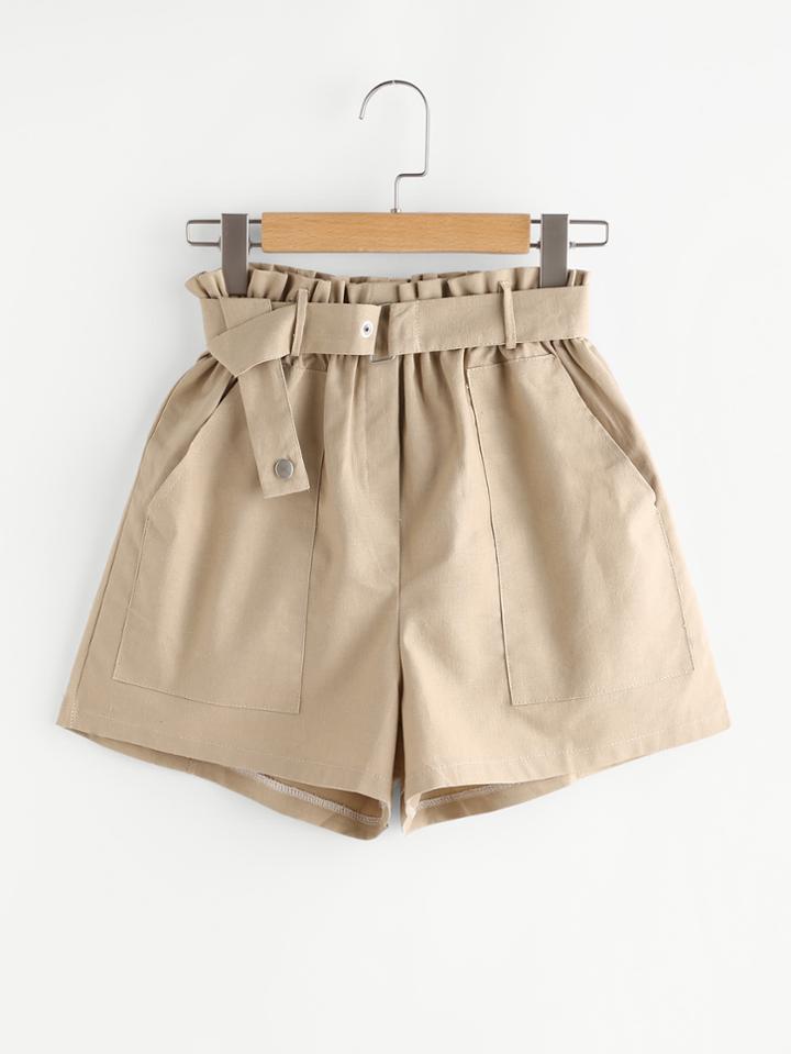 Romwe Shirred Waist Belt Shorts