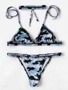 Romwe Camouflage Print Triangle Bikini Set With Choker