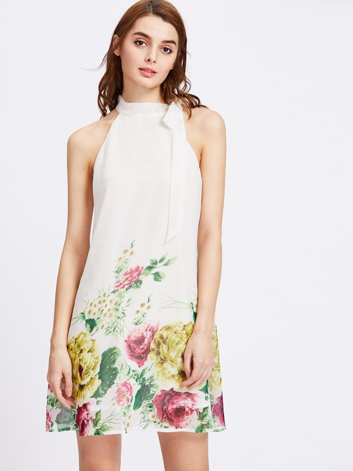Romwe Self Tie Halter Neck Flower Print Dress