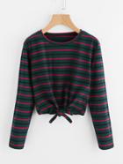 Romwe Striped Bow Tie Front T-shirt